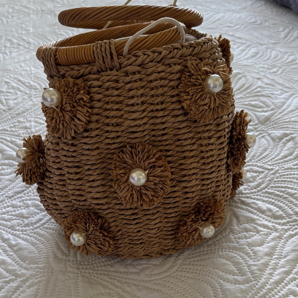 Adorable Woven Pom-Pom Pearl Accent Bucket Bag - Brown